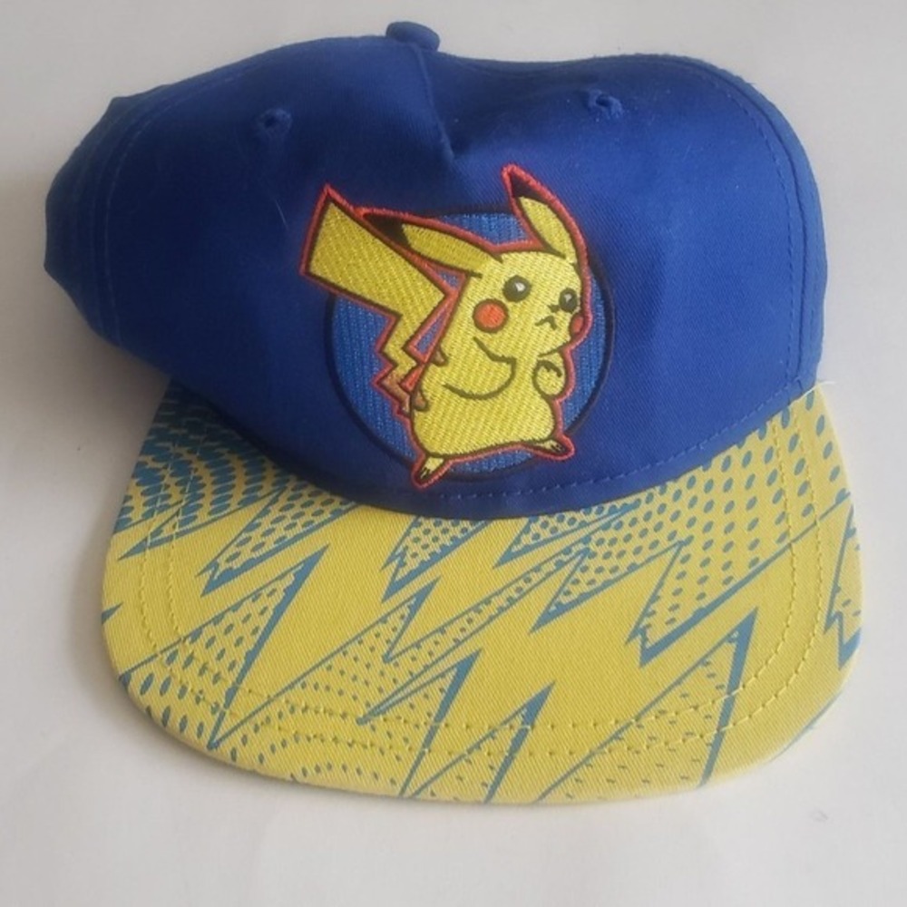 2016 Pokemon Pikachu Flat Bill Snap Back Hat Youth‎ Cap OSFM Blue Yellow Retro